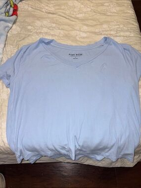Pink Rose Pastel Blue V-Neck Ribbed Short Sleeve Top